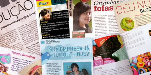 Fotografia com sobreposição de várias matérias sobre a FofysFactory em revistas, jornais e outros veículos.